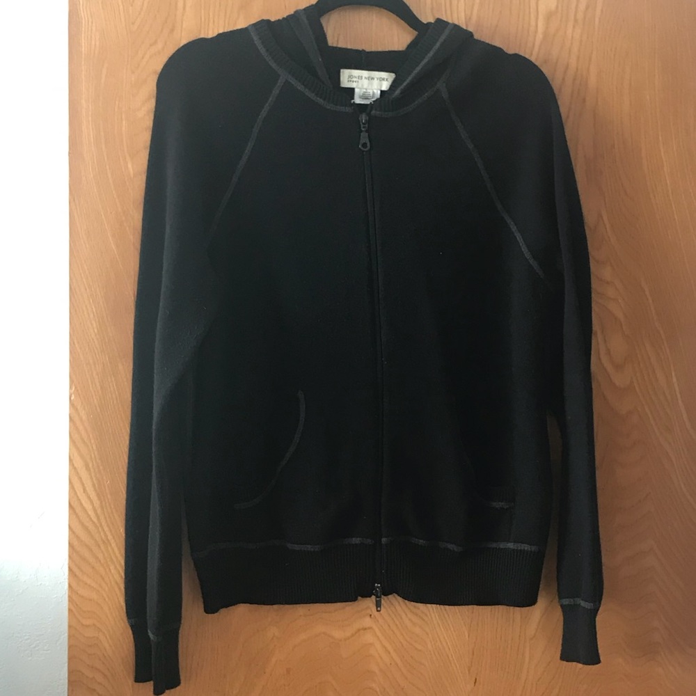 Jones NY Black hoodie sweater top stitch L