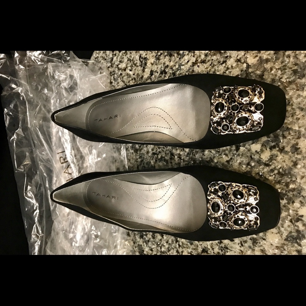 Black suede low heel w ornate toe size 7