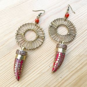 Wired Hoops with Gold & Red Tibetan Pendant