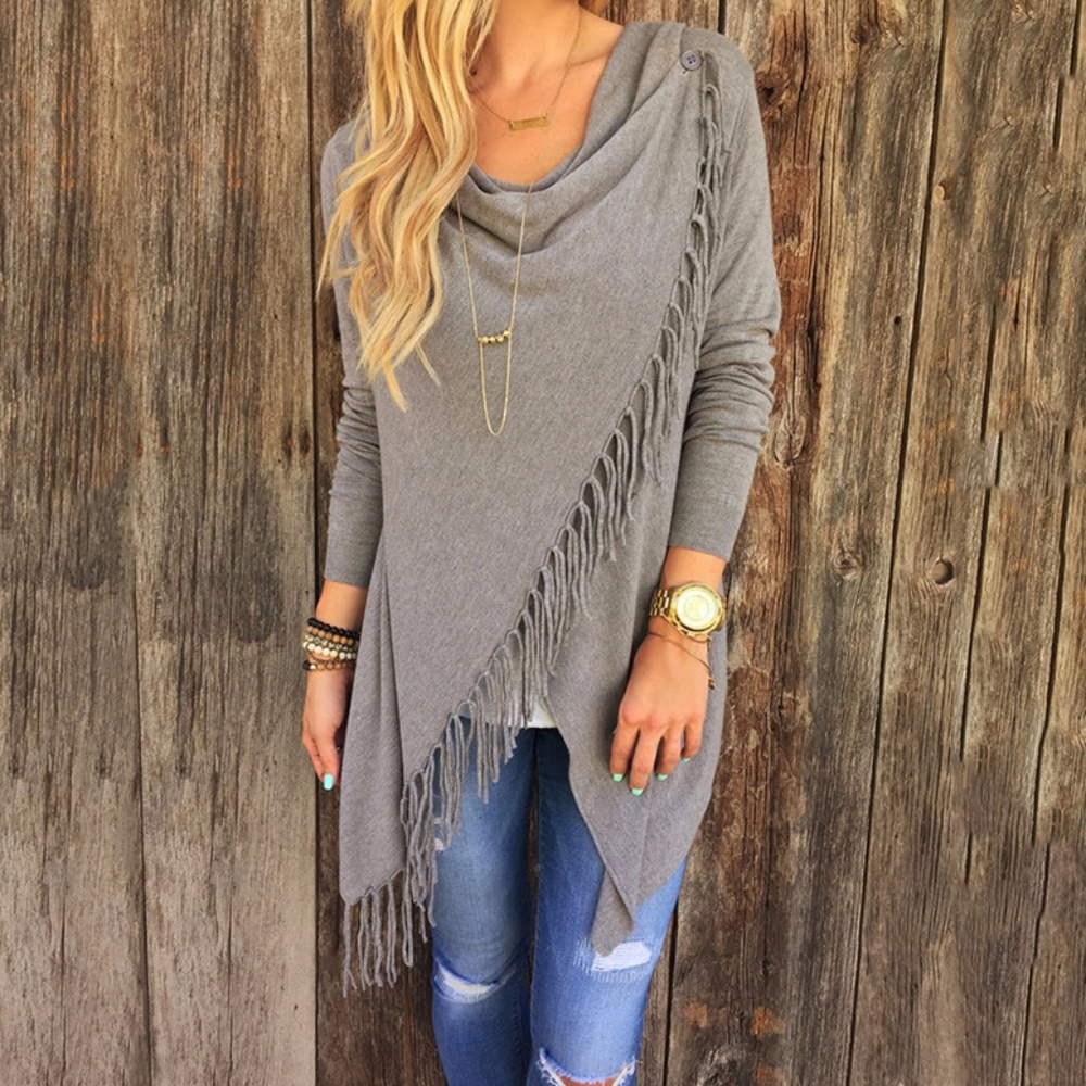 New Black Wrap Look Top With Fringe - Picture 4 of 8