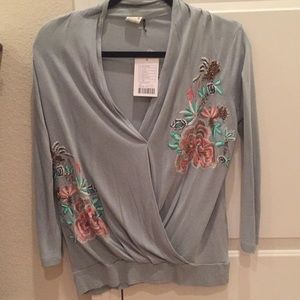 XS NWT Anthropologie Dusty Blue Embroidered Top