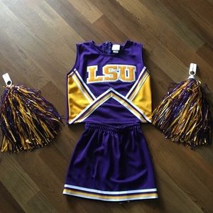 Little girl LSU cheer outfit with pompoms