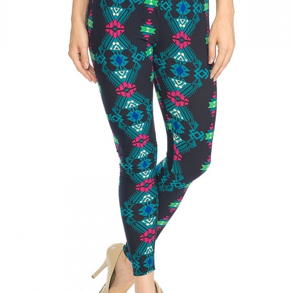 Y2K Aztec Neon Indie Art Print Leggings Stretch Pant Size S M L Pink Owl Apparel - Picture 2 of 4