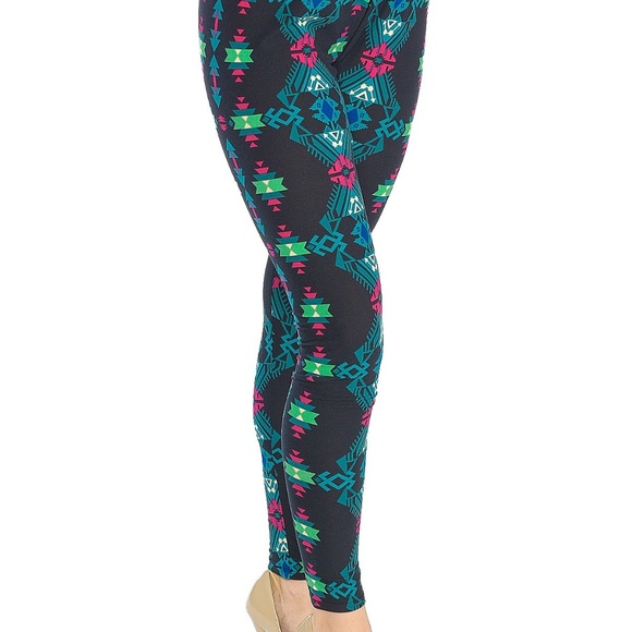 Y2K Aztec Neon Indie Art Print Leggings Stretch Pant Size S M L Pink Owl Apparel - Picture 3 of 4