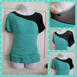 Annabelle Tops - Teal & Black Asymmetrical Mesh Blouse Top Annabelle Tops - Teal & Black Asymmetrical Mesh Blouse Top