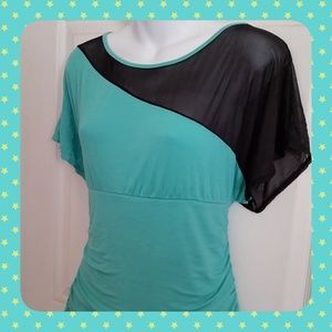Annabelle Tops - Teal & Black Asymmetrical Mesh Blouse Top Annabelle Tops - Teal & Black Asymmetrical Mesh Blouse Top