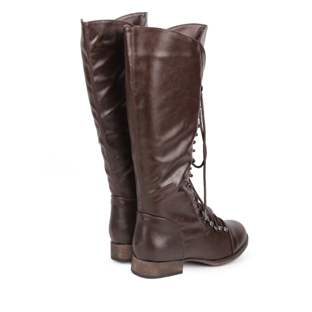 Brown Military Knee Length Lace Up Flat Boots - Picture 5 of 7