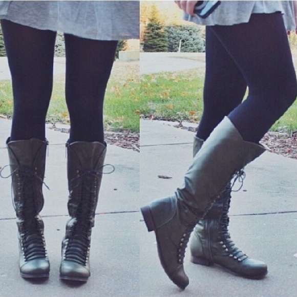 Brown Military Knee Length Lace Up Flat Boots - Picture 2 of 7