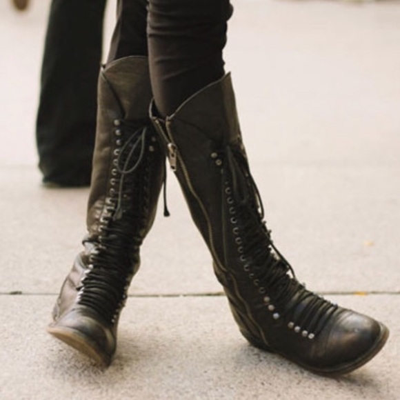 Brown Military Knee Length Lace Up Flat Boots - Picture 3 of 7