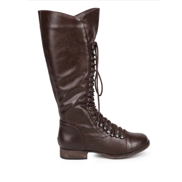 Brown Military Knee Length Lace Up Flat Boots - Picture 4 of 7