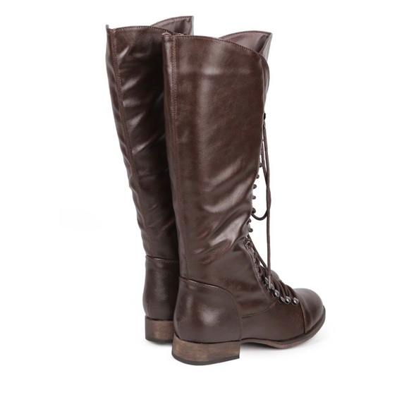 Brown Military Knee Length Lace Up Flat Boots - Picture 5 of 7