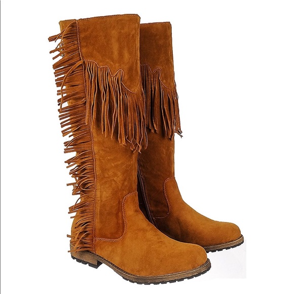 Boutique Shoes - Tan Knee High Fringe Pocket Boot