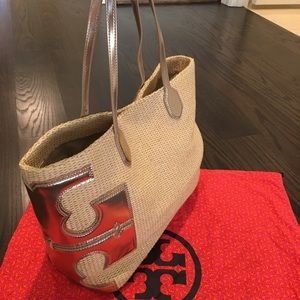 Tory Burch Straw Logo Tote