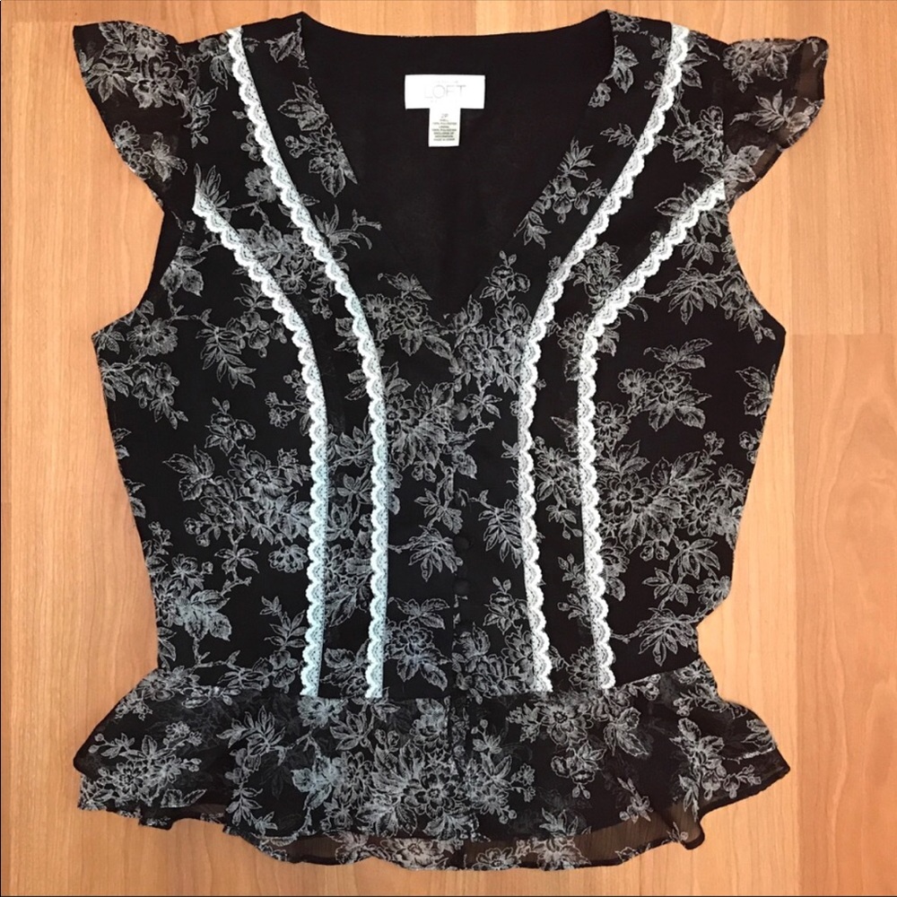 Ann Taylor loft petite black white flowers peplum