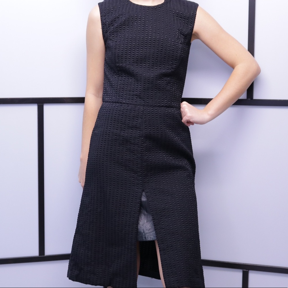BLKFRI Edgy Faux Leather Detail Black Midi Dress