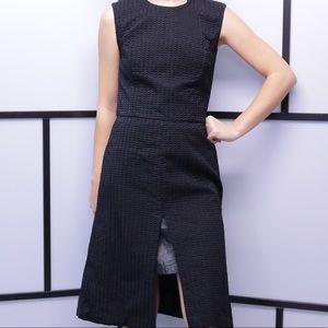 BLKFRI Edgy Faux Leather Detail Black Midi Dress