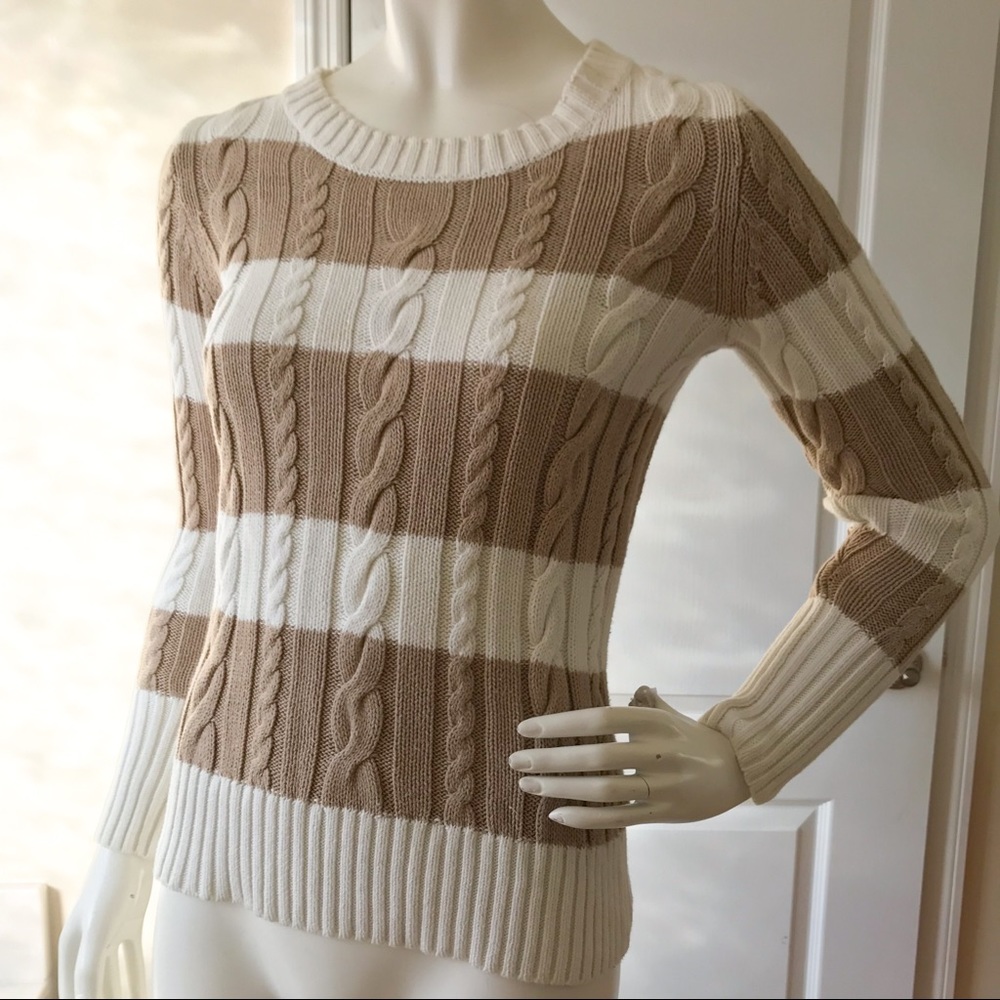 J. Crew Tan White Striped Cable Knit Sweater S