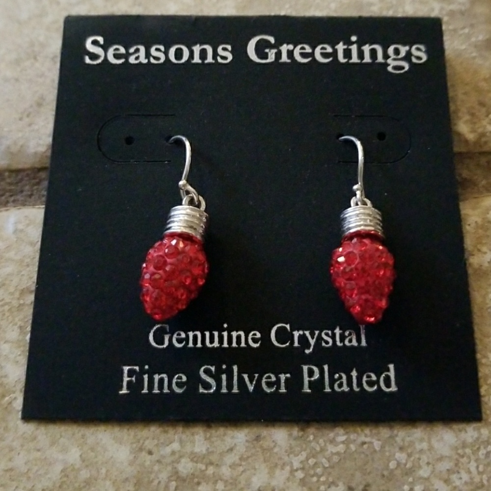 Red crystal silver plated bulb Christmas earrings