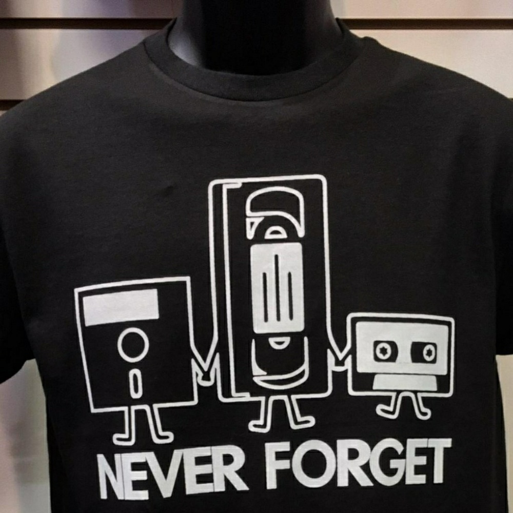 Never forget funny t shirt floppy disc VHS cassett