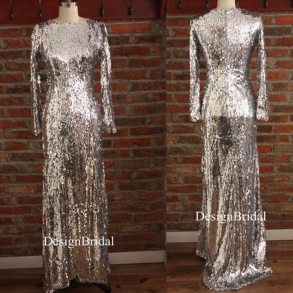 Silver sequin gown with small train. - Picture 2 of 4