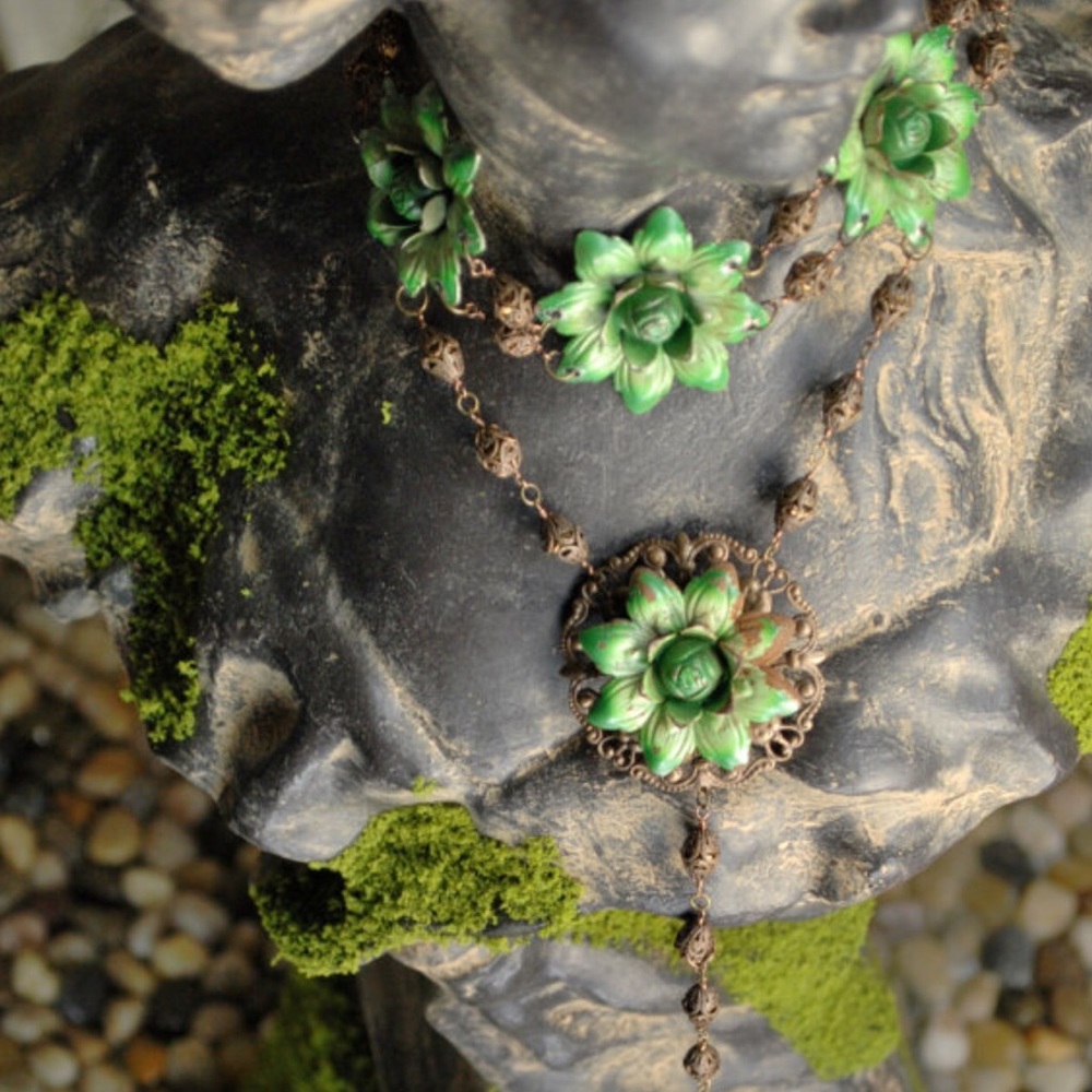 Vintage Green Floral Choker Statement Necklace.