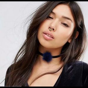 Puff ball choker black and blue fuzzy cute
