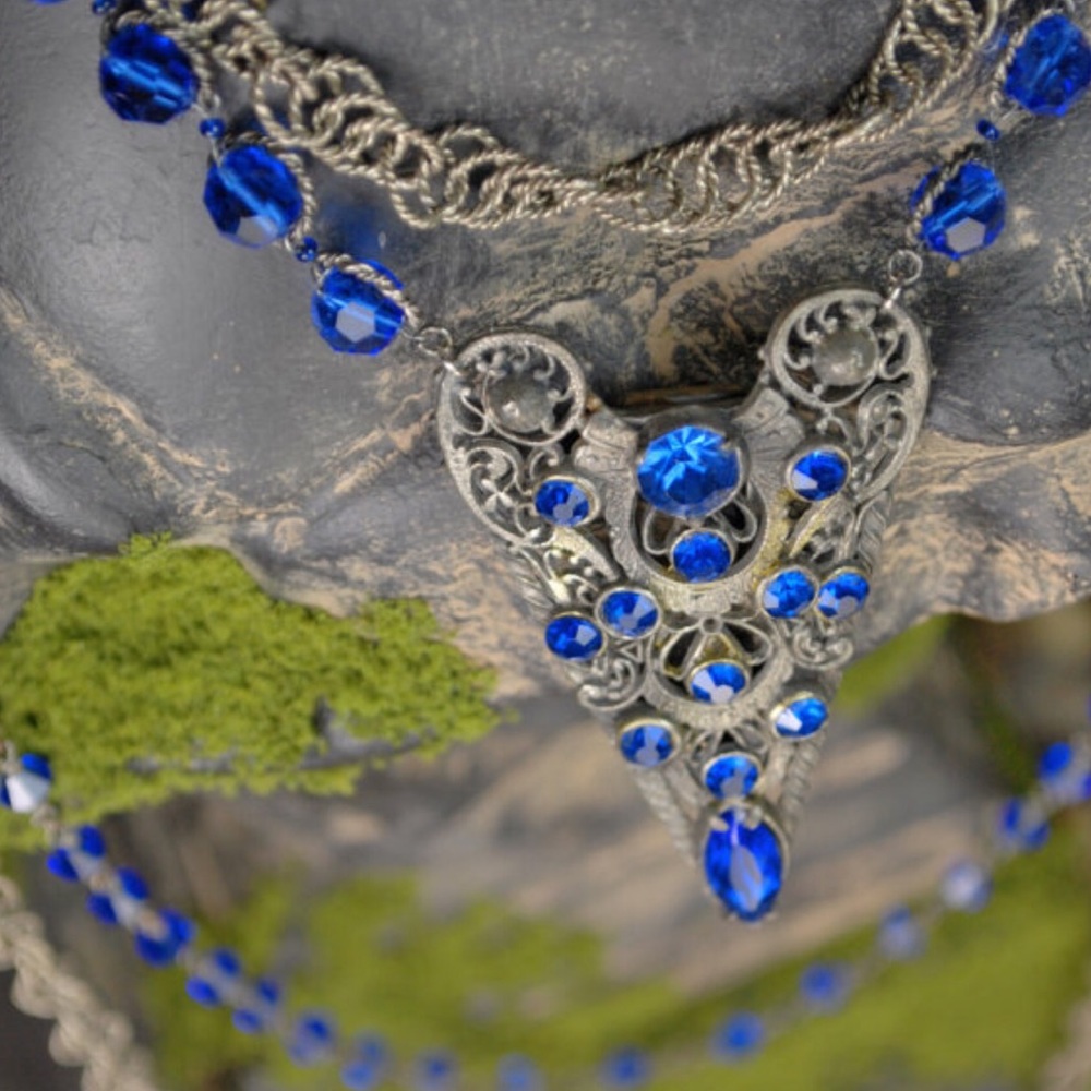 Vintage Blue Rhinestone Statement Necklace.