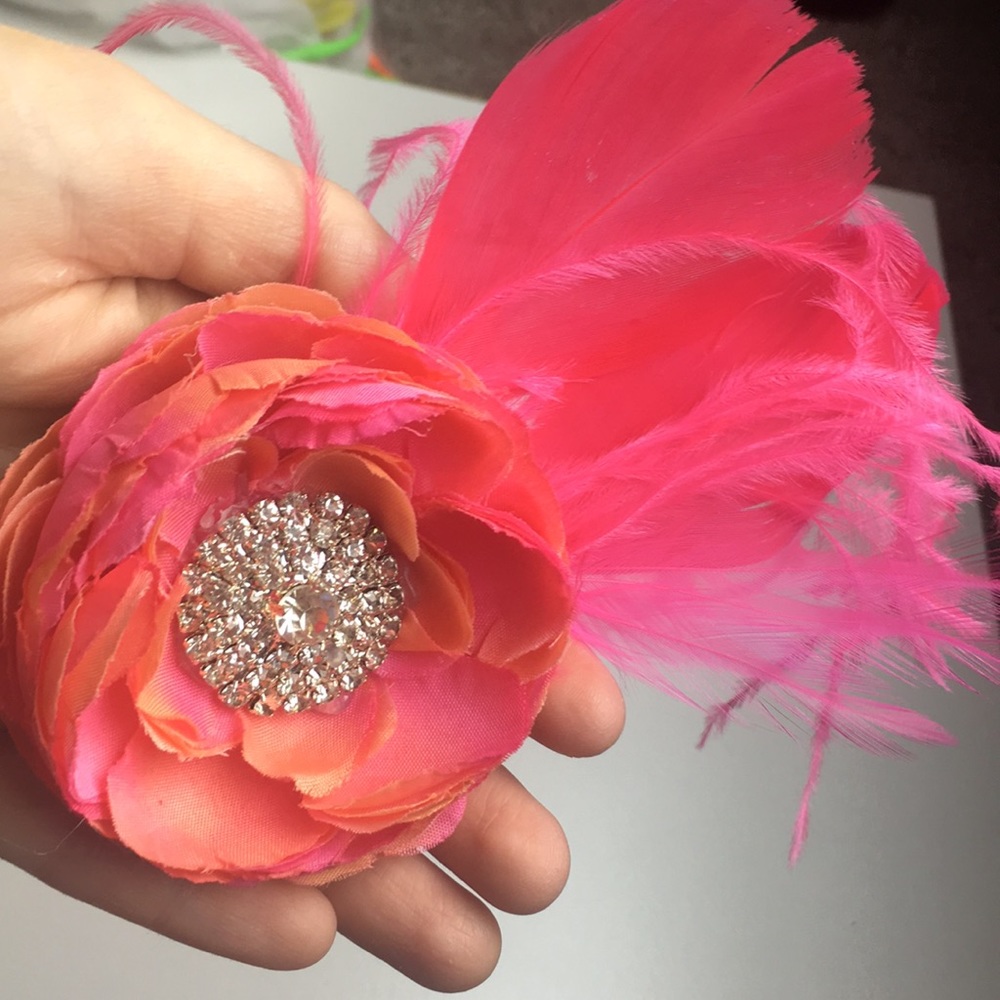 Pink & Orange Hair Clip Flower Feather Rhinestone