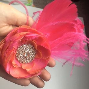 Pink & Orange Hair Clip Flower Feather Rhinestone