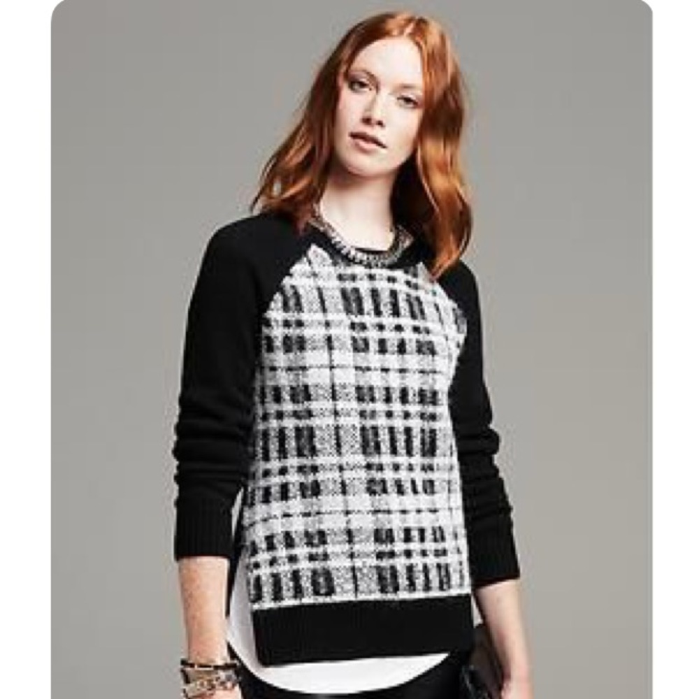 Black plaid-front crew pullover sweater