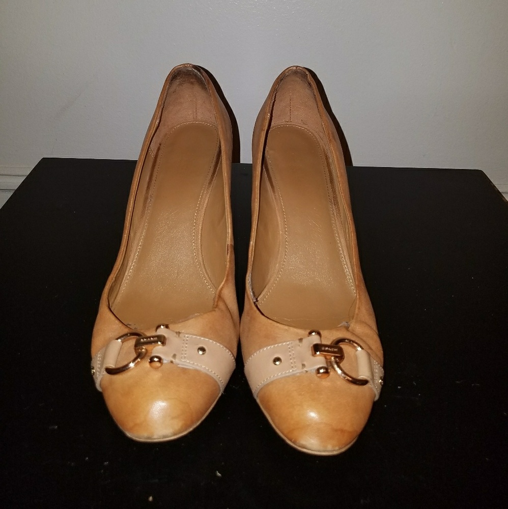 Congac Color Leather Coach Wedges