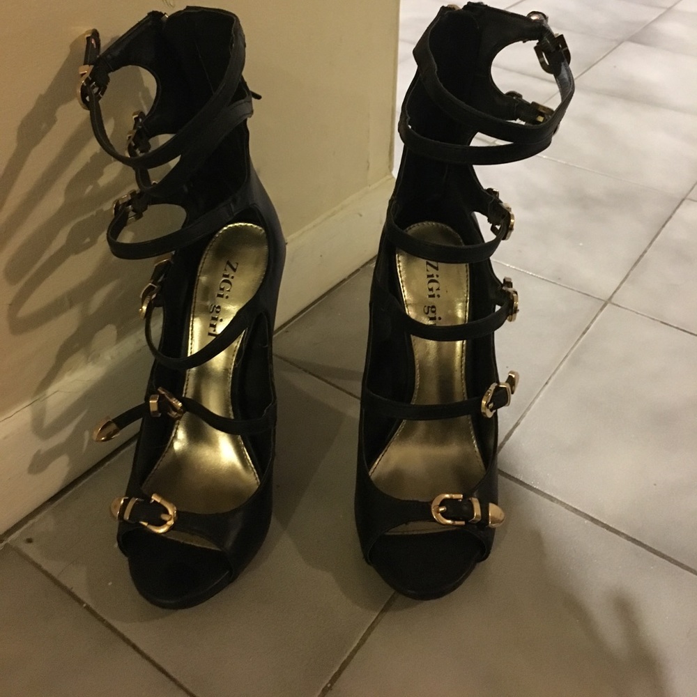 Black strappy open toe heels