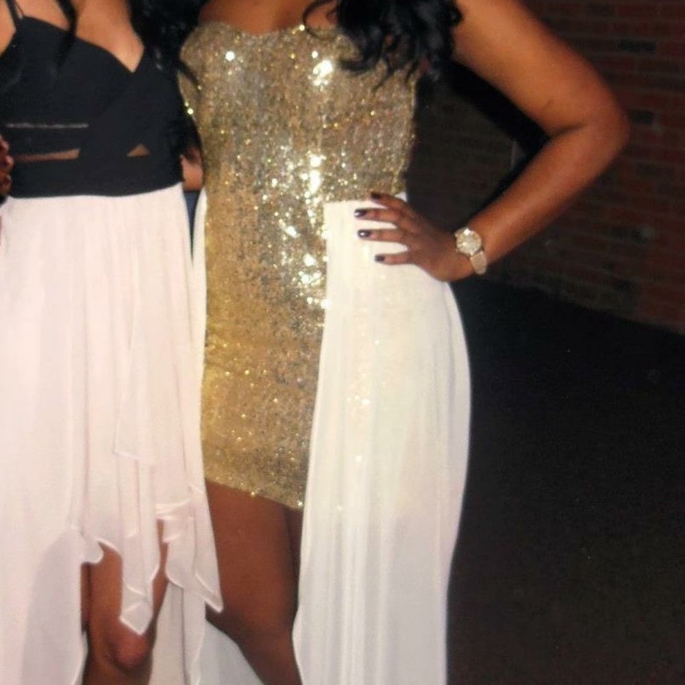 Strapless Gold Sequined Dress with Train