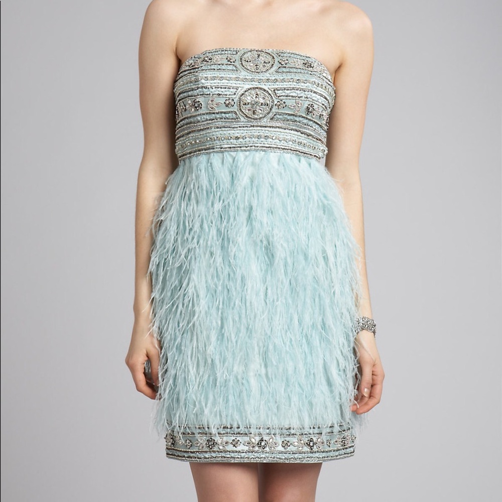 Sue Wong Strapless Seafoam Ostrich Feather Dress