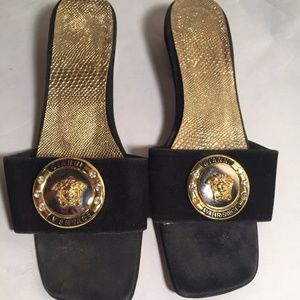 Versace slip on heels size 9.5 Black leather gold