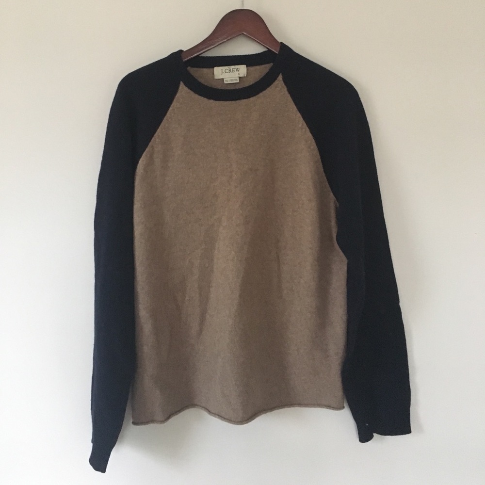 J Crew Lambswool Baseball Sweater Tan/Navy