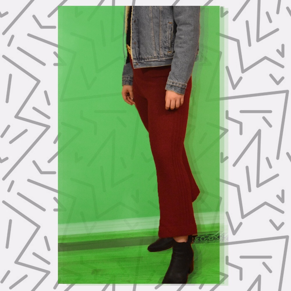 High waisted, elastic, red cloth bell bottoms