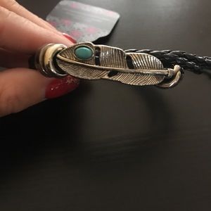Feather black leather wrap bracelet