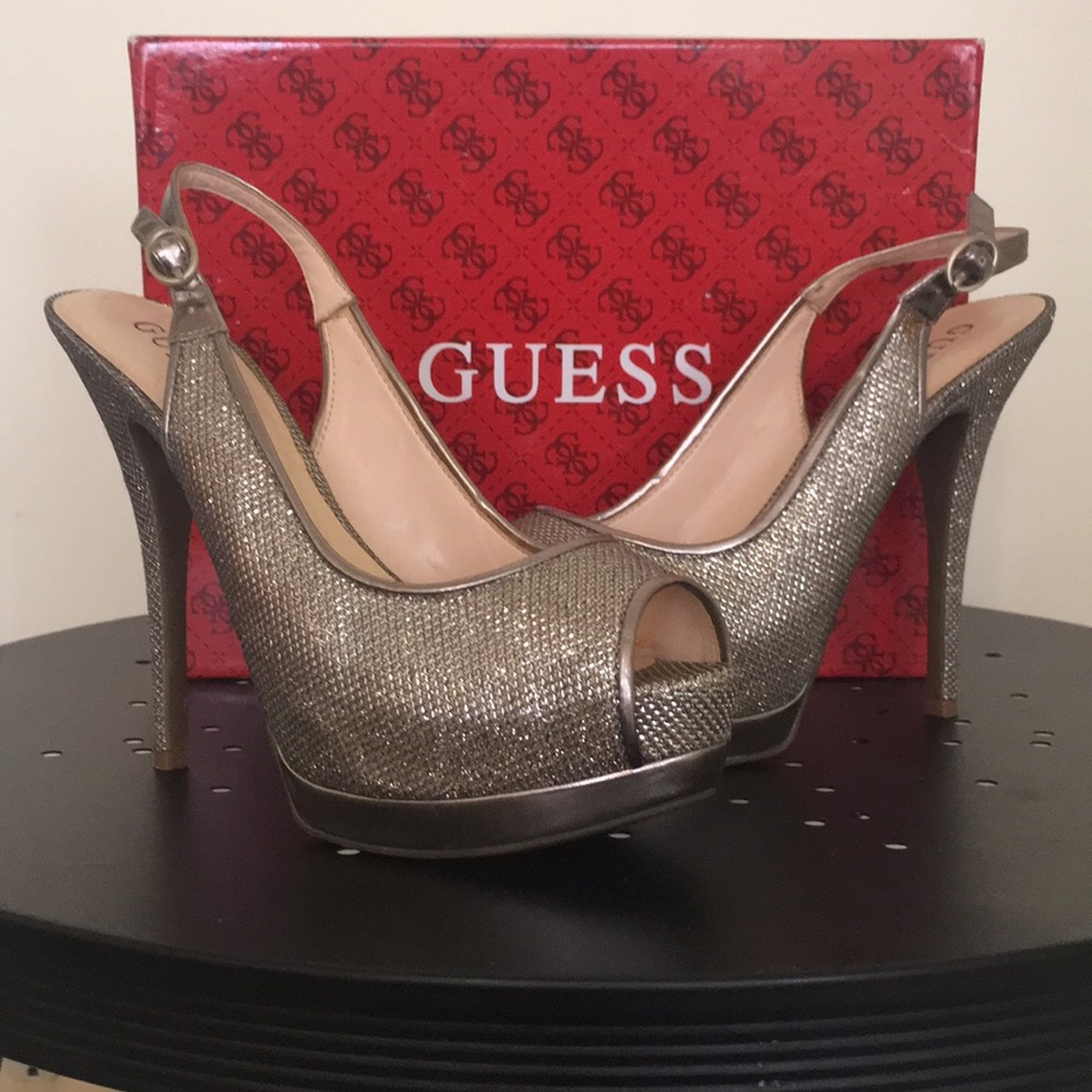Gold Guess Peep Toe sling back heels