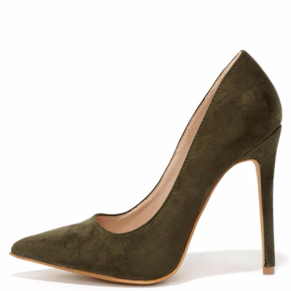 Olive Green Suede Pointed Pumps by Shoe Republic 6