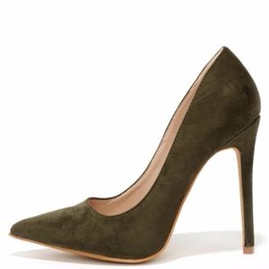 Olive Green Suede Pointed Pumps by Shoe Republic 6