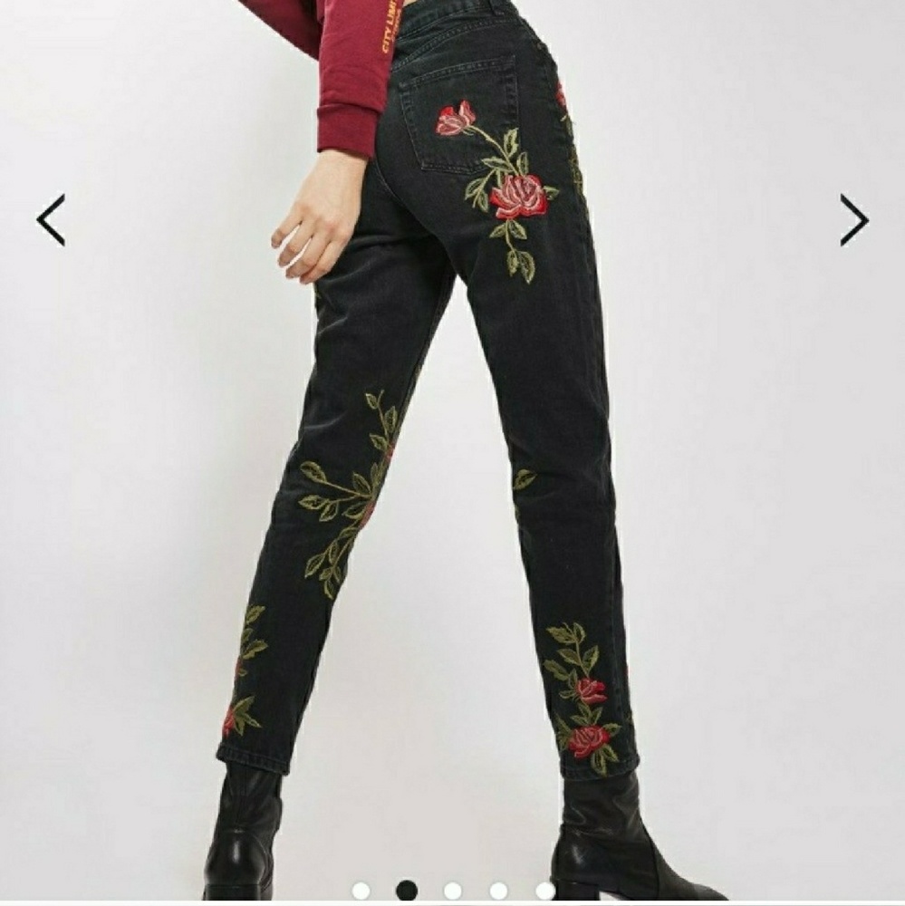 Topshop Embroidered Roses Moto Jeans