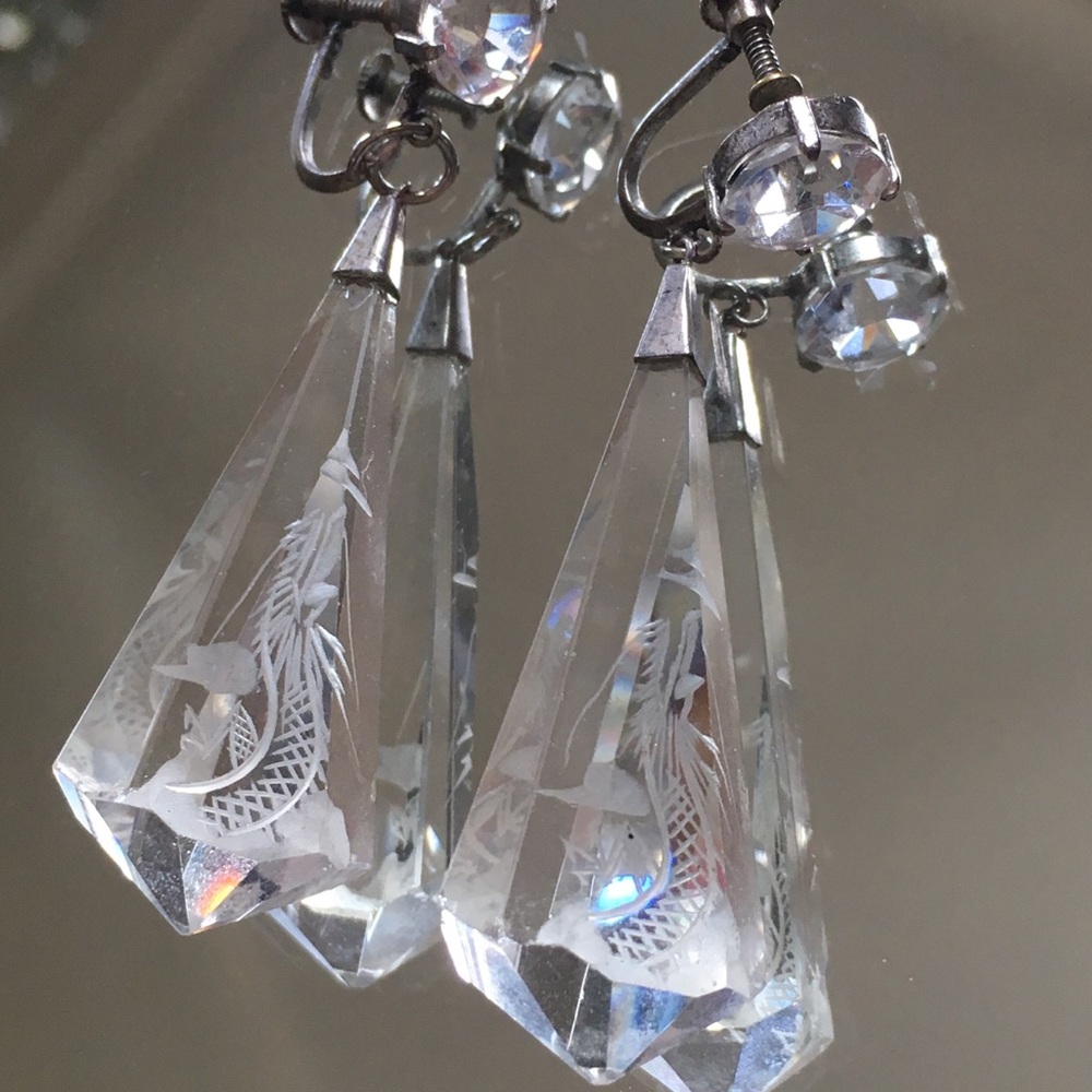 Vintage Etched Glass and Crystal Drop Earrings