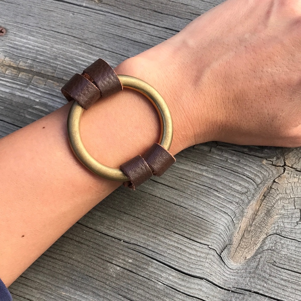 Leather Statement Bracelet with Large Brass Ring