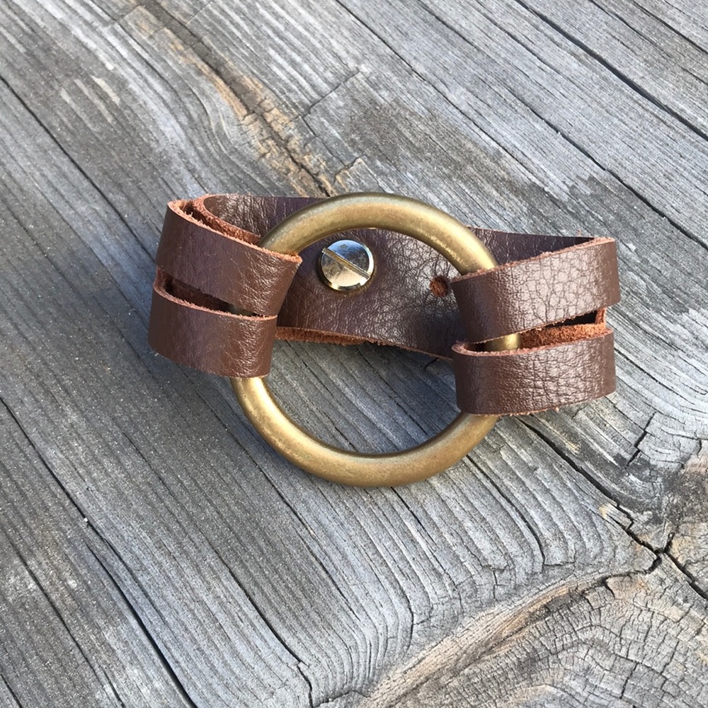Leather Statement Bracelet with Large Brass Ring - Picture 2 of 3
