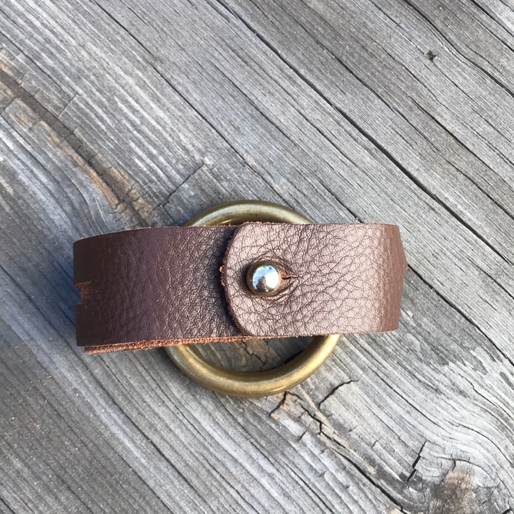Leather Statement Bracelet with Large Brass Ring - Picture 3 of 3