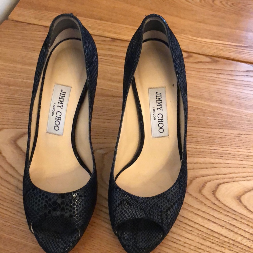 Jimmy Choo snake print leather peep toe