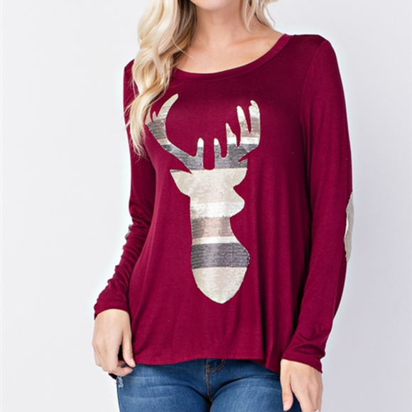 NEW! Maroon Sequined Deer long Sleeve - Picture 1 of 2