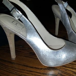 BCBG Crackle Silver Slingback Heels