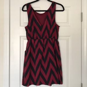 chevron Black and garnet dress with pockets.